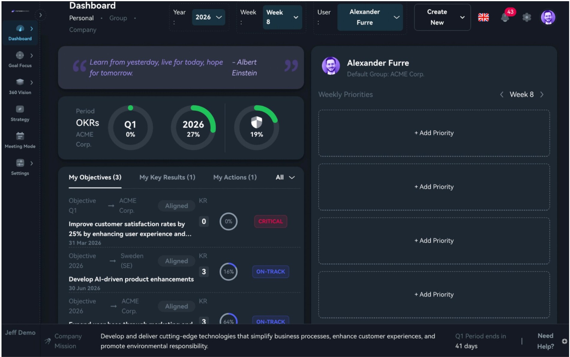 Dashboard showing OKR tracking and alignment interface