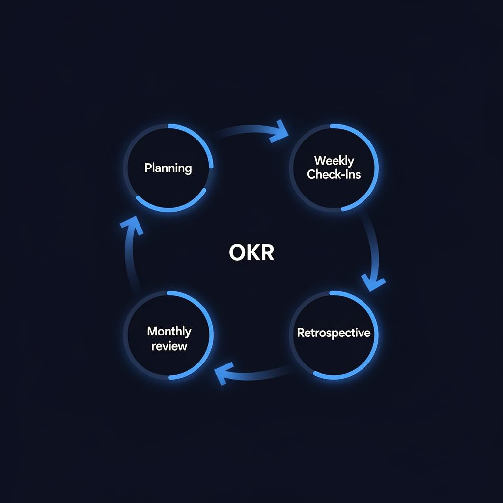 OKR-syklusen: planlegging, ukentlige innsjekkpunkter, månedlige gjennomganger og kvartalsvise retrospektiv