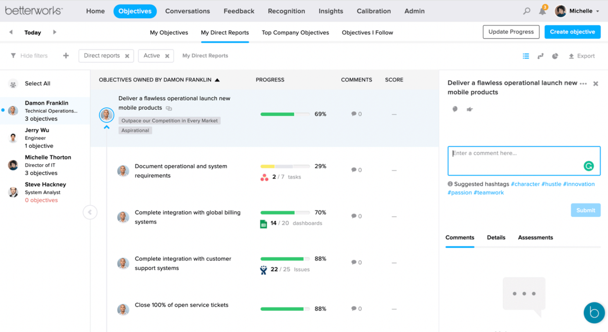 Betterworks dashboard showing objectives, progress bars, and comments